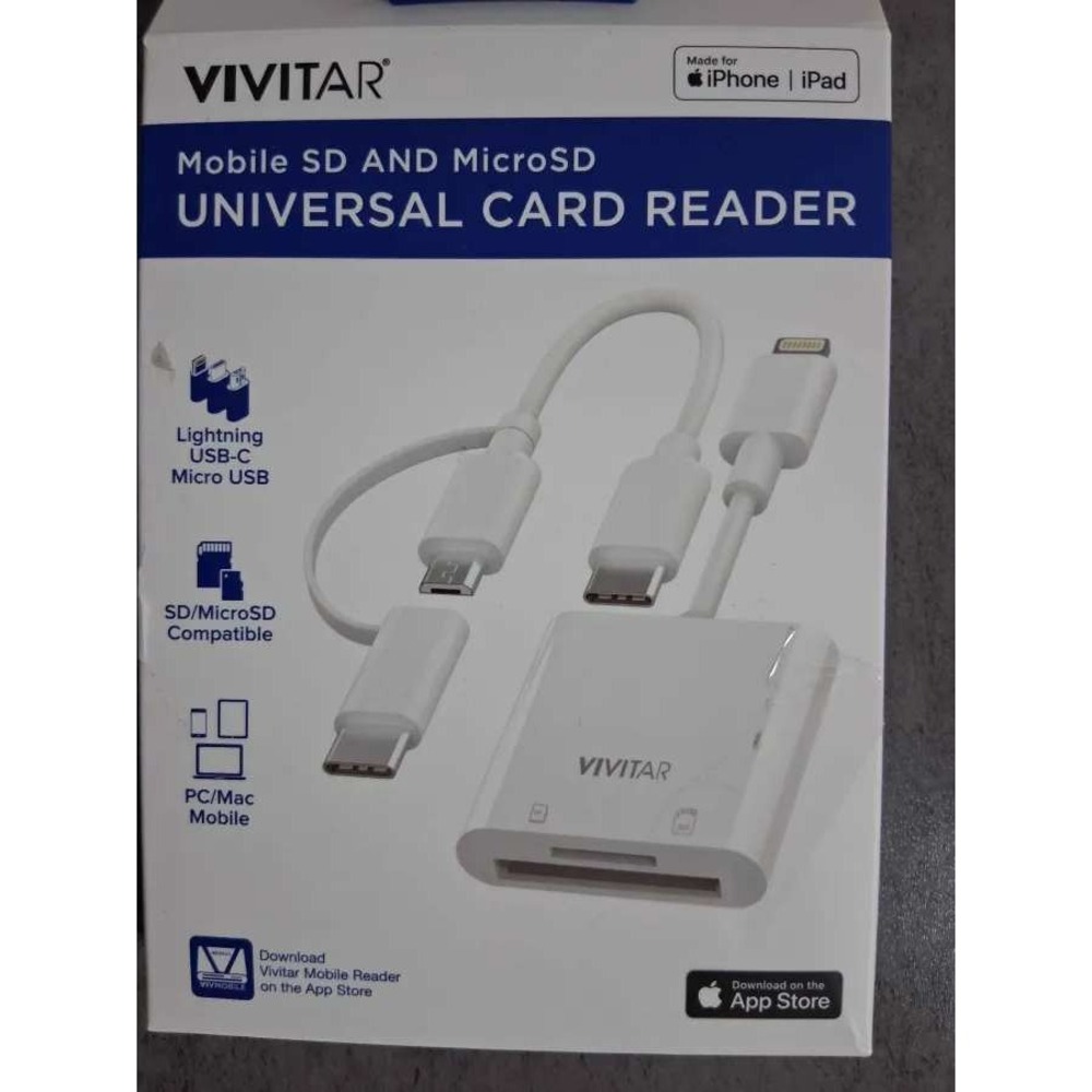 Vivitar Mobile SD MicroSD Universal Card Reader Lightning USB-C Micro USB White